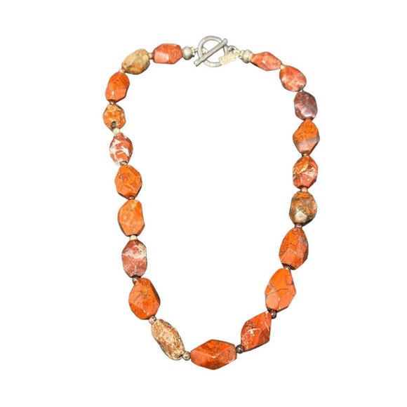 Signed Peyote Bird 925 Toggle Necklace Red Orange Jasper Chunky Beaded 17.5 in - Picture 2 of 6